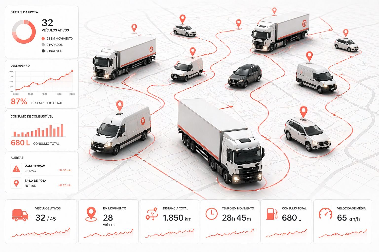 Painel com indicadores de rastreamento e frota