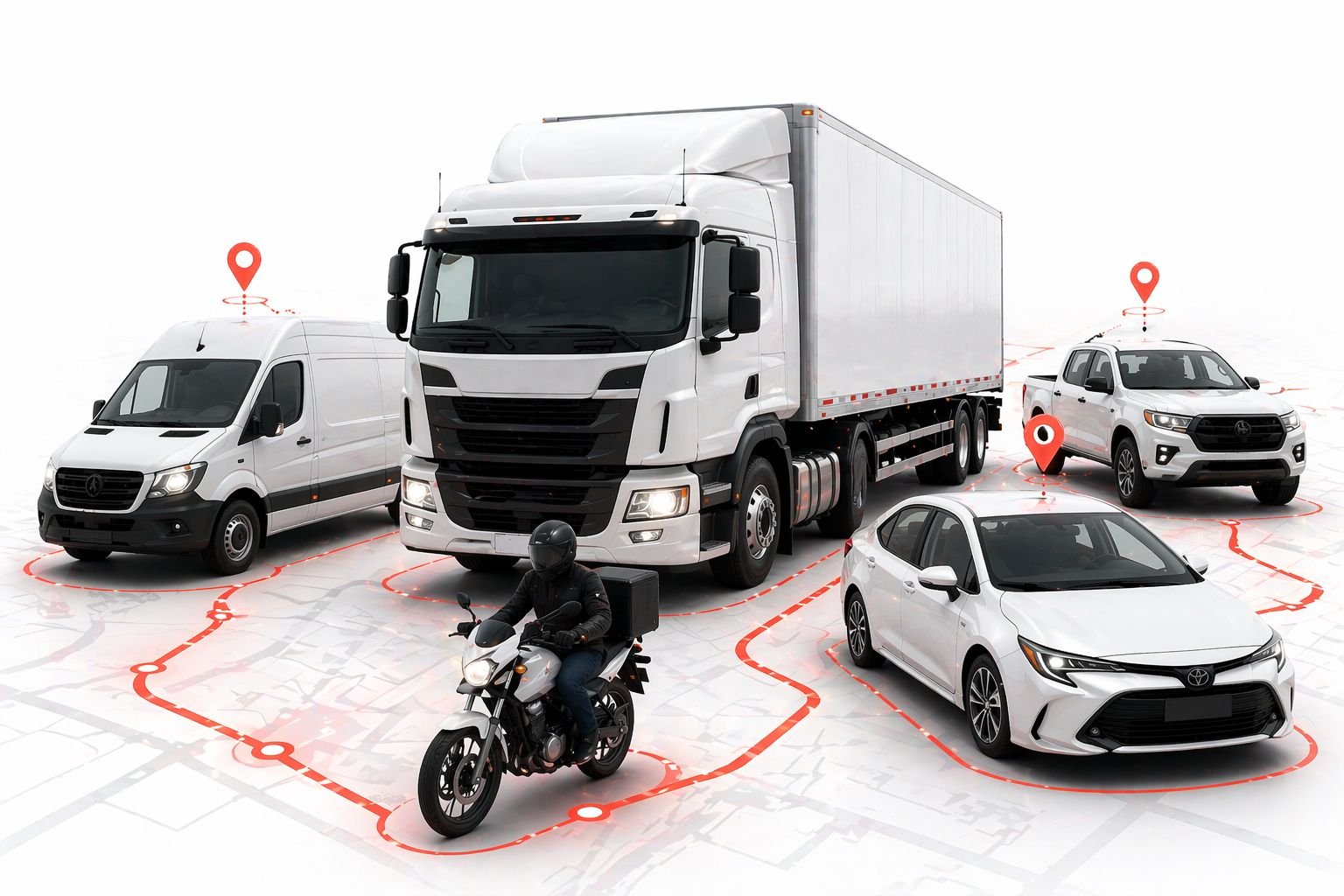 Frota de veículos rastreados em mapa